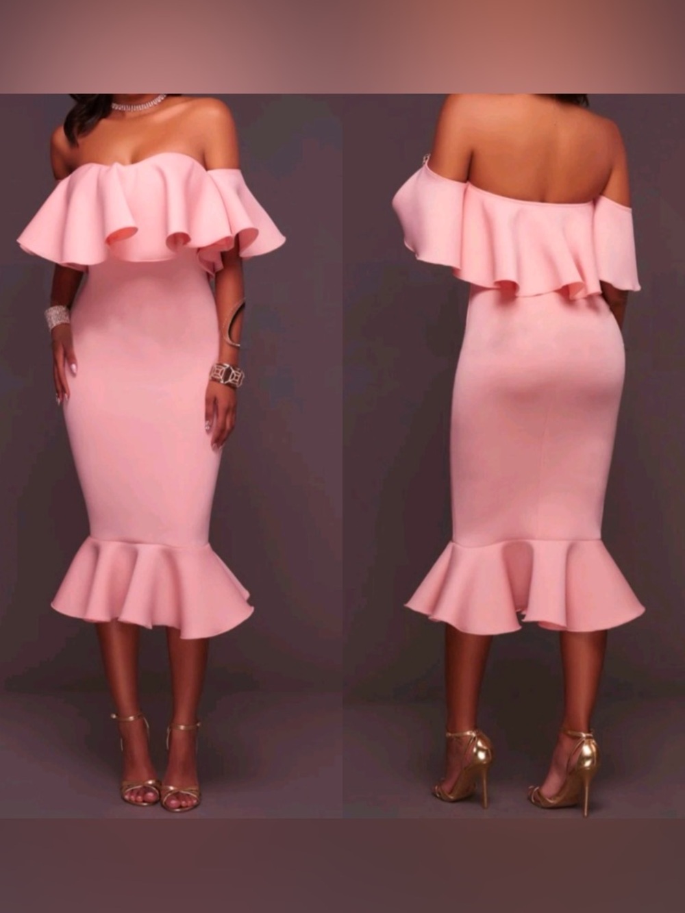 New Off-Shoulder Ruffle Midi Dress in Salmon Pink